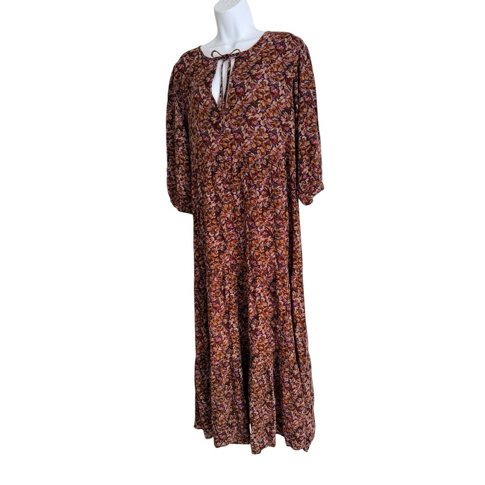 Natural Life Maxi Dress M Keyhol Brown Floral Tiered 3/4 Sleeve Boho Cottagecore - Picture 11 of 11